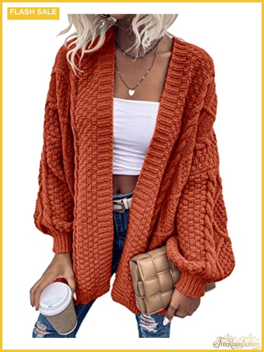 Womens Oversized Cable Knit Long Sleeve Lantern Cardigan Sweater